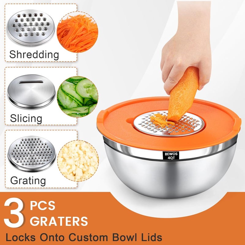 BEWOS 21 Pcs Mixing Bowls with Lids - 7 Stainless Steel Bowls, 3 Graters, 11 Practical Kitchen Accessories, Dishwasher Safe, Ideal for Baking, Meal Prep & On-the-Go, Easy to Store - Image 3